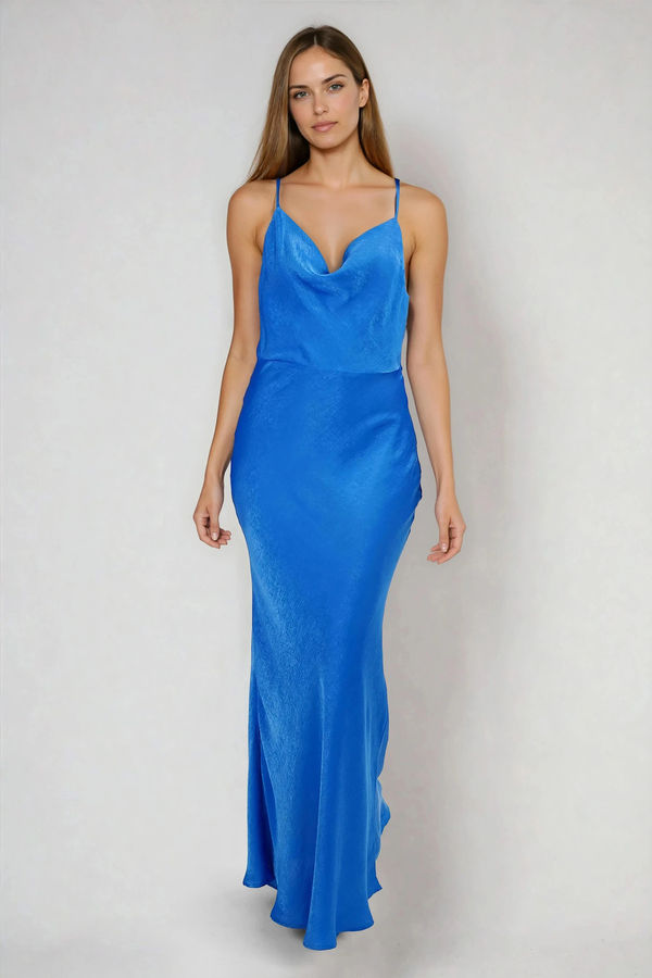 Bold Presence Cowl Satin Maxi Dress - Bright Blue