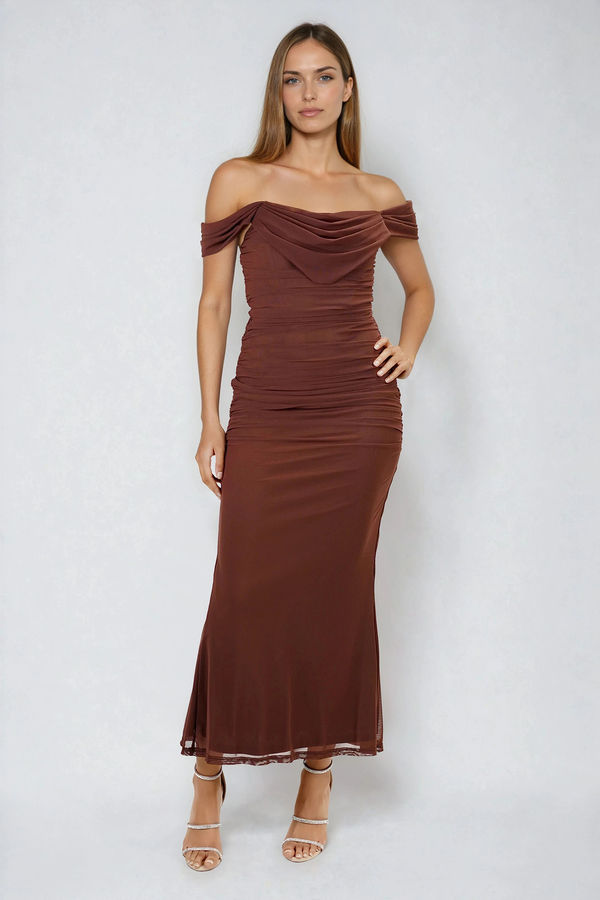 Catch the Glow Off Shoulder Bodycon Maxi Dress - Brown