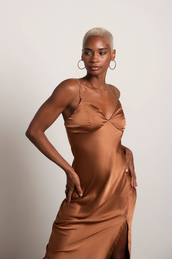 Forever Yours Brown Satin Slit Midi Homecoming Dress