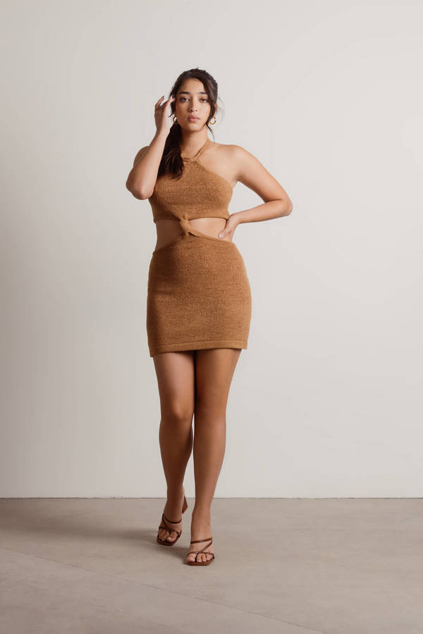 Just The Thing Brown Halter Knot Cutout Bodycon Mini Brunch Dress