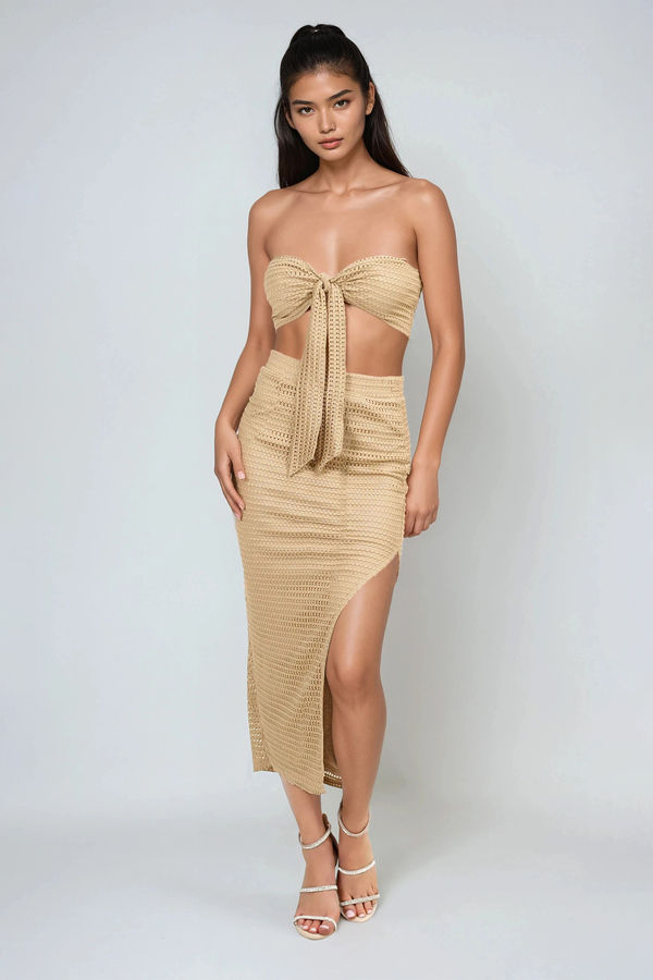 Keep It Wild Bandeau Top and Midi SKirt Set - Brown