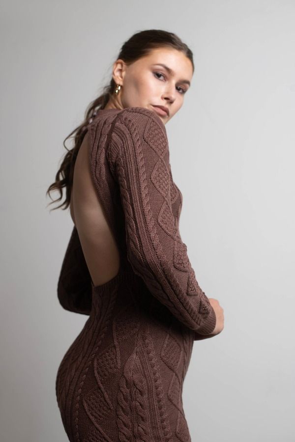 Look Back Brown Open Back Cable Knit Bodycon Sweater Dress