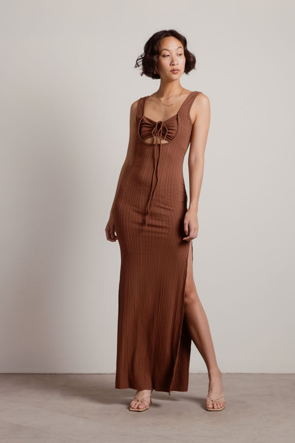 No Problem Brown Ribbed Cutout Slit Bodycon Maxi Casual Wedding Guest Dress