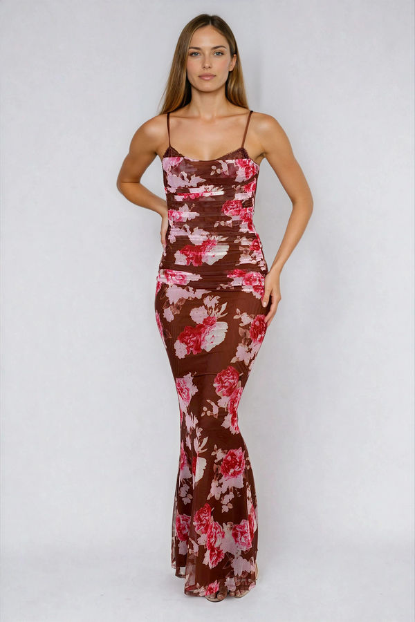 Soft Sunshine Floral Back Slit Maxi Dress - Brown