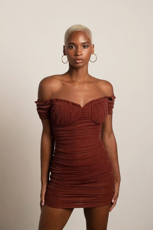 Stay Around Brown Metallic Ruched Off Shoulder Bodycon Sorority Formal Dress