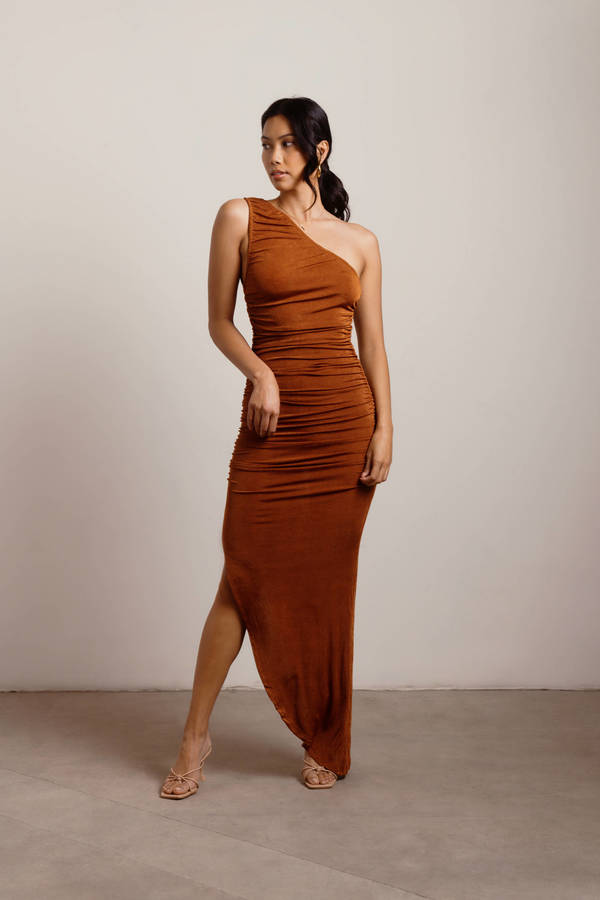 Try Me Brown Bridesmaid One Shoulder Slit Ruched Maxi Dress
