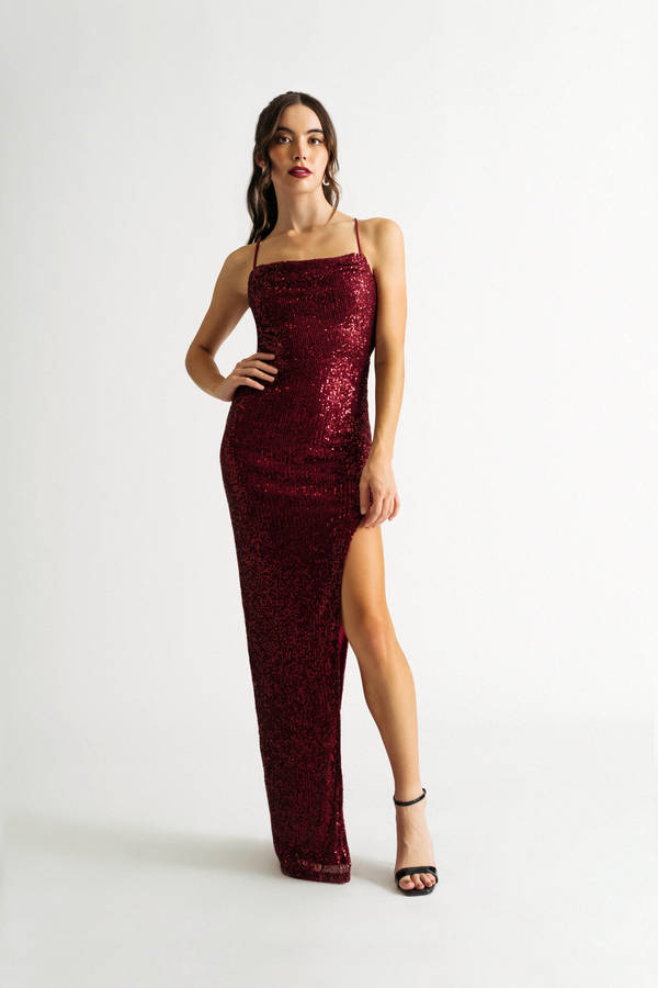 All About Me Burgundy Sequin Prom Backless Slit Maxi Dress