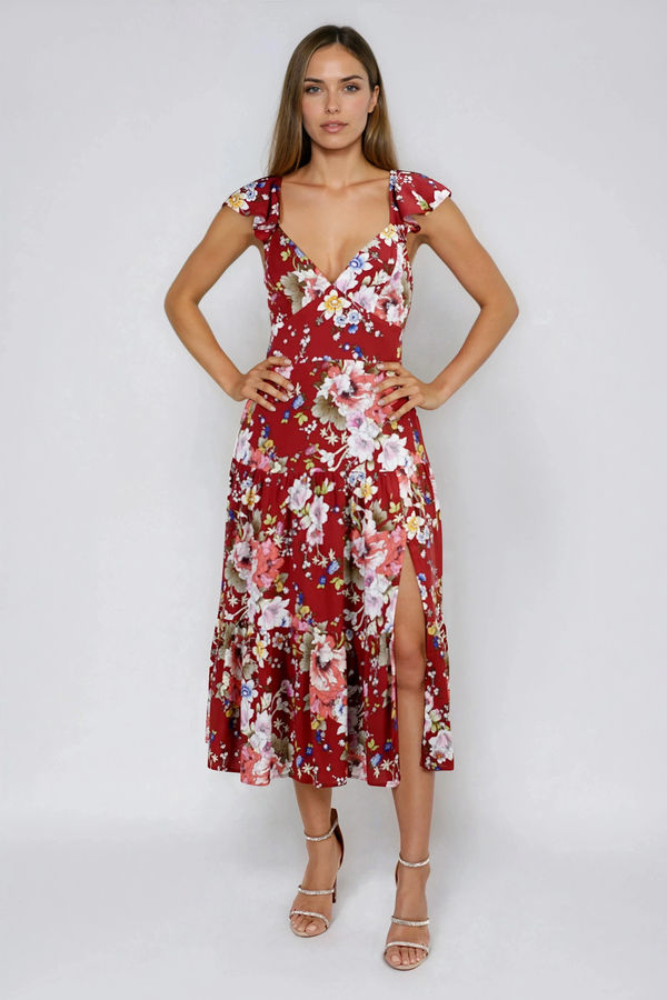 Gentle Charm Floral Slit Midi Dress - Burgundy Cream