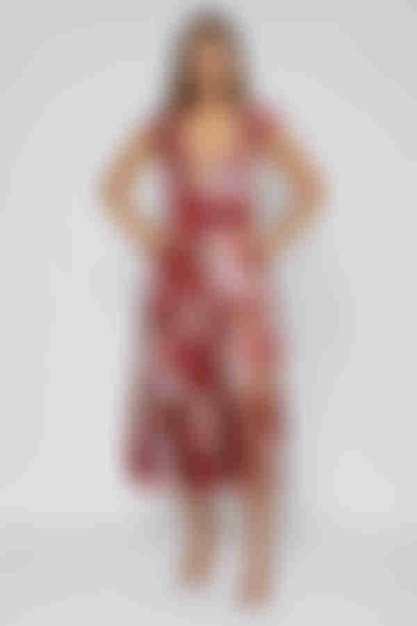 Gentle Charm Floral Slit Midi Dress - Burgundy Cream