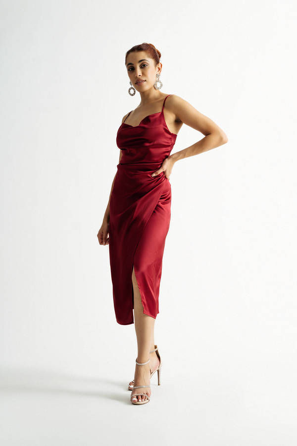 Emma Red Homecoming Cowl Neck Satin Slip Midi Dress