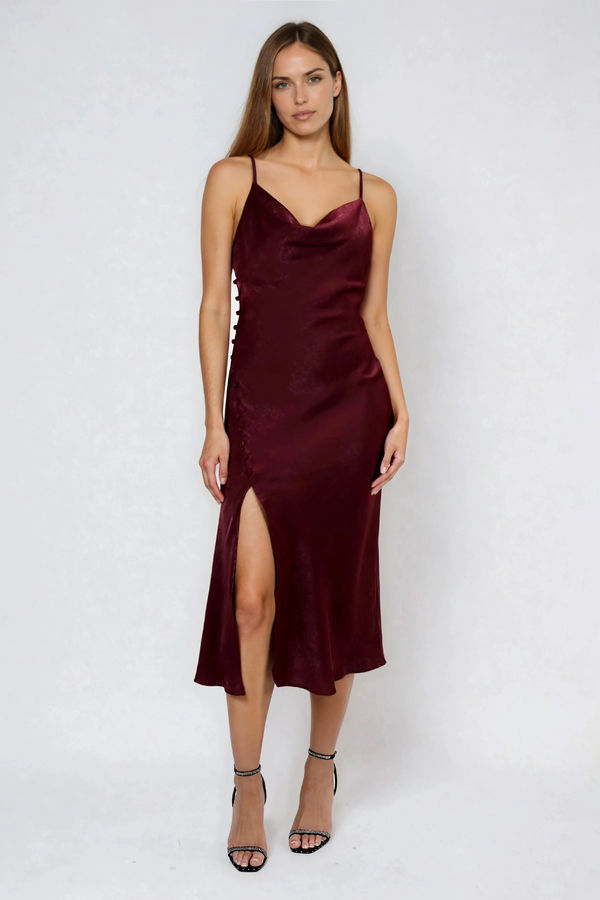 Feel the Sunshine Side Button Satin Midi Dress - Burgundy