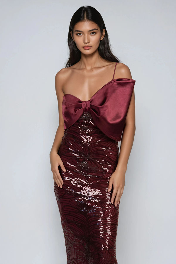 Glam Attack Satin Bow Maxi Dress - Burgundy
