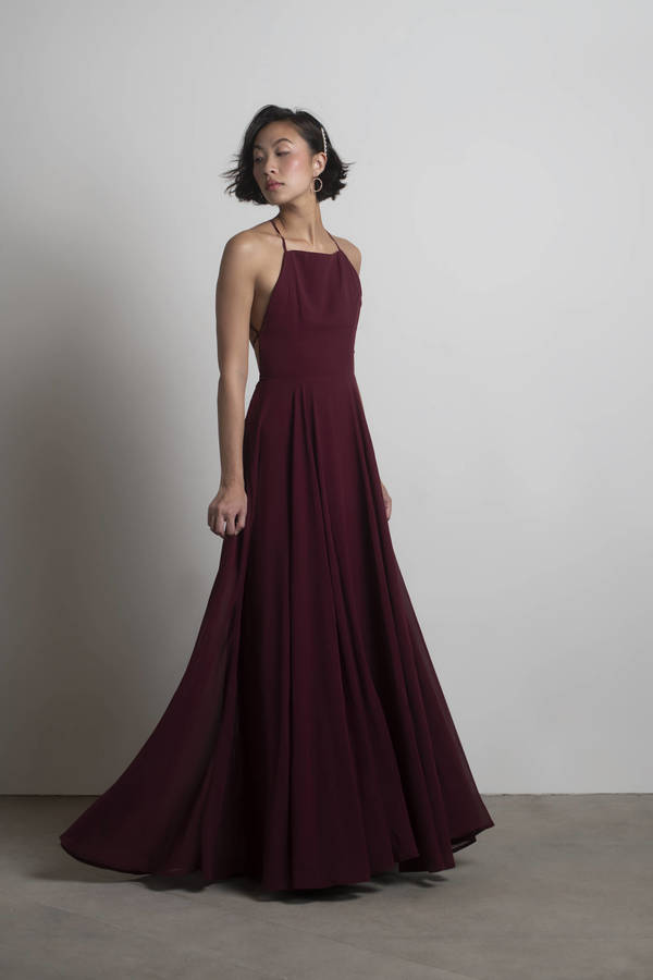 Last Touch Burgundy Lace-Up Maxi Chiffon Bridesmaid Dress