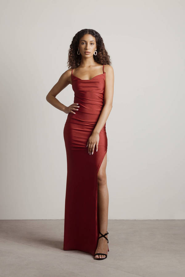 Late Nights Burgundy Ruched Cowl Backless Slit Maxi Dress