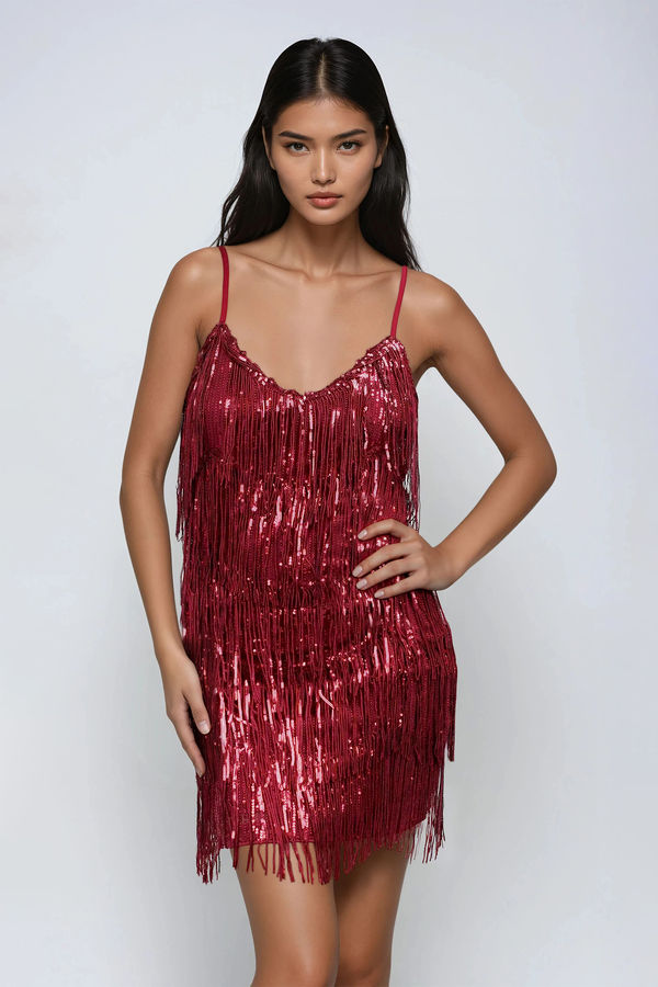 Make the Move Fringe Sequin Mini Dress - Burgundy