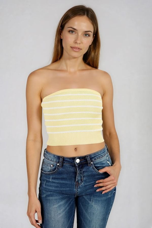 Act Cute Strapless Stripe Crop Top - Butter Yellow