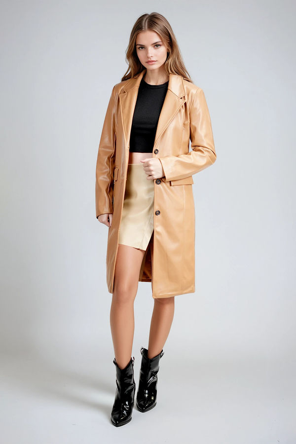 Executive Edge Faux Leather Longline Coat - Camel