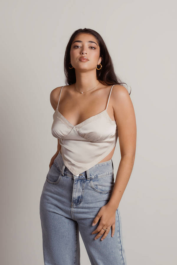 Behind Her Eyes Champagne Satin Asymmetric Lace Crop Top