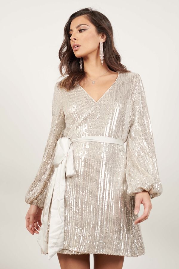 Too Soon Champagne Long Sleeve Embellished Wrap Dres