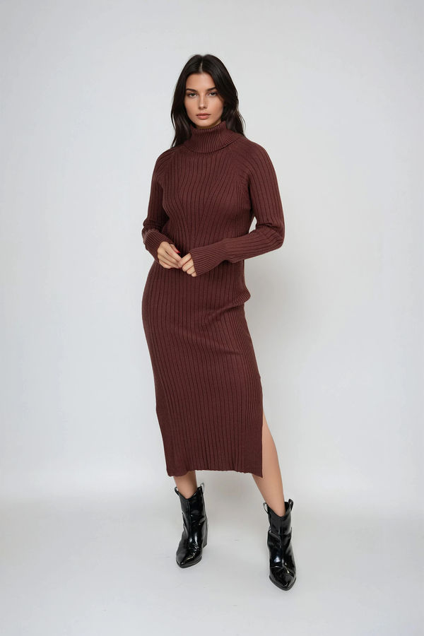 Auburn Edge Sweater Turtleneck Midi Dress - Chocolate