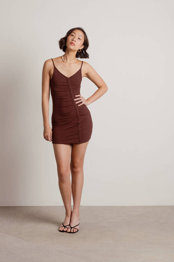Alina Chocolate Brown Asymmetrical Button Bodycon Mini Casual Summer Dress