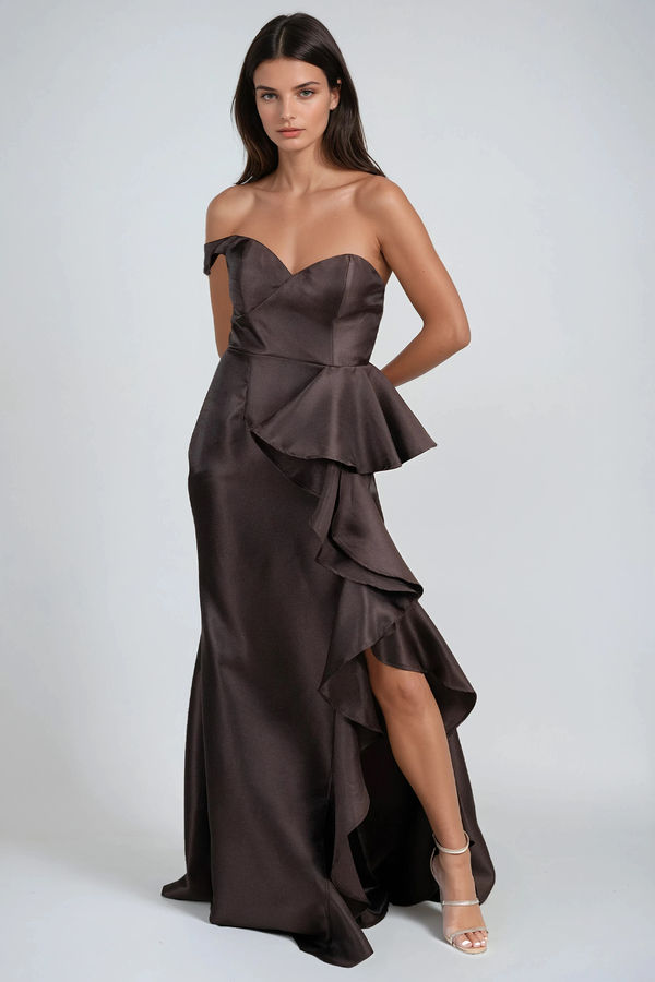 Scarlet Spell One Shoulder Ruffle Maxi Dress - Chocolate