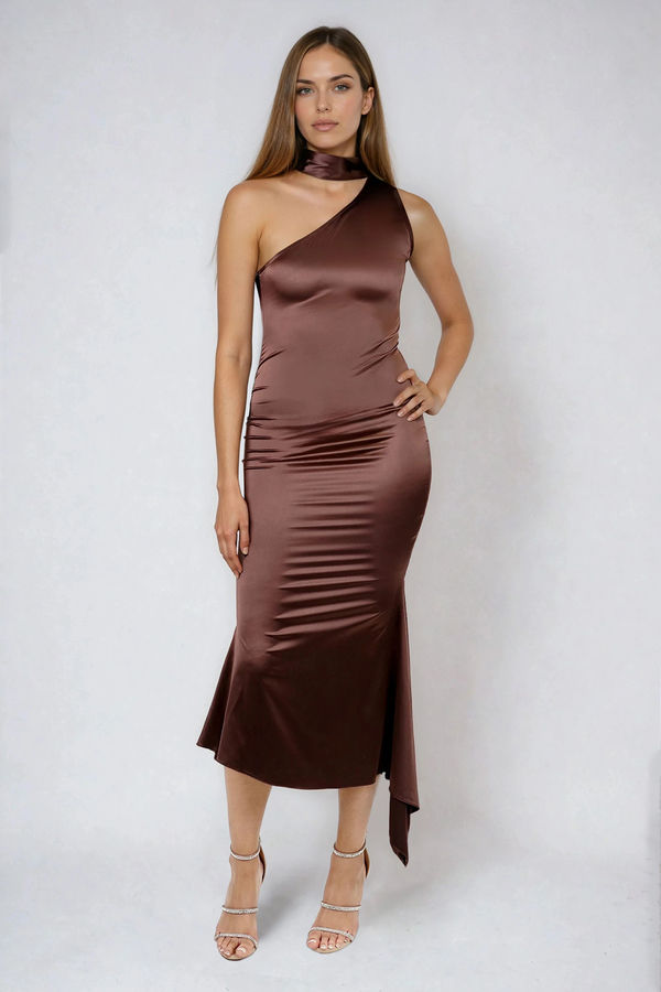 All Eyes Here One Shoulder Satin Midi Dress - Coffee