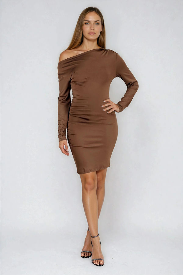 Soft Launch One Shoulder Long Sleeve Mini Dress - Coffee