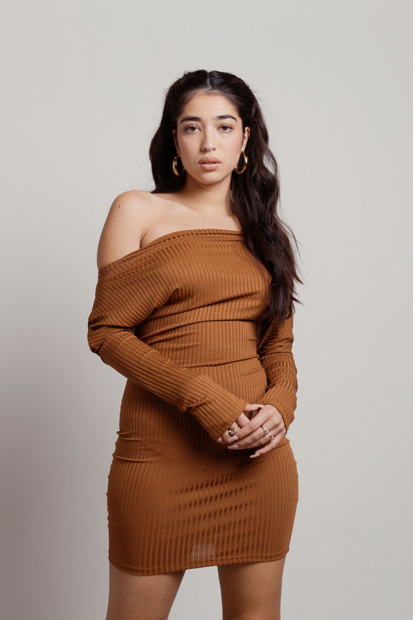 Iris Cognac Brown Off Shoulder Ribbed Long Sleeve Bodycon Cocktail Wedding Guest Dress