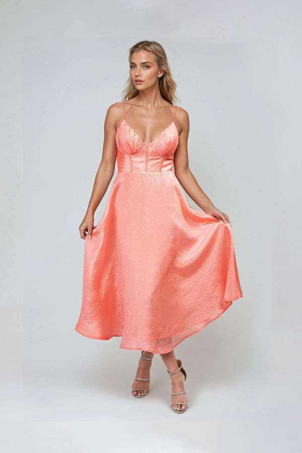 Moment In Love Satin Ruched Bust Maxi Dress - Coral