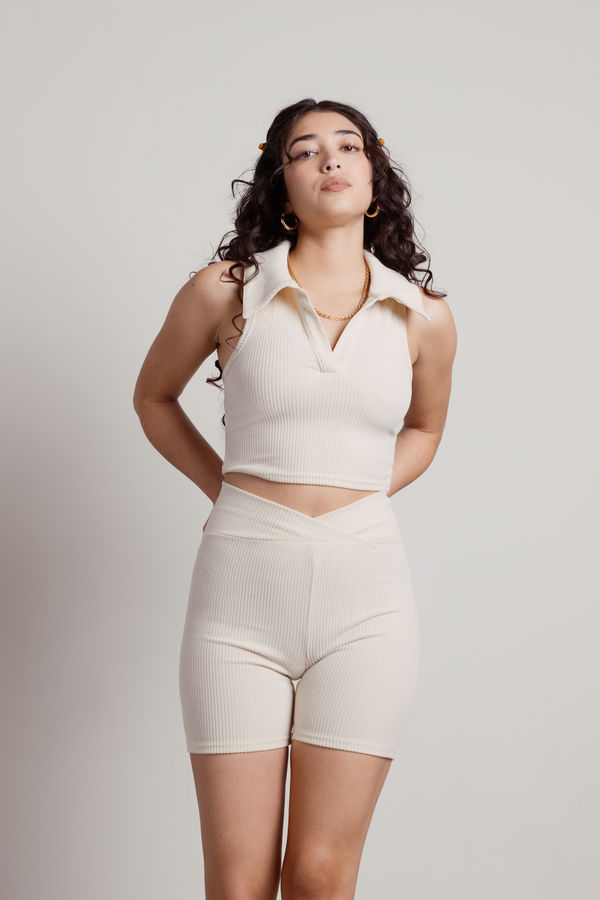 As One Does Cream Ribbed Crop Top and Shorts Set