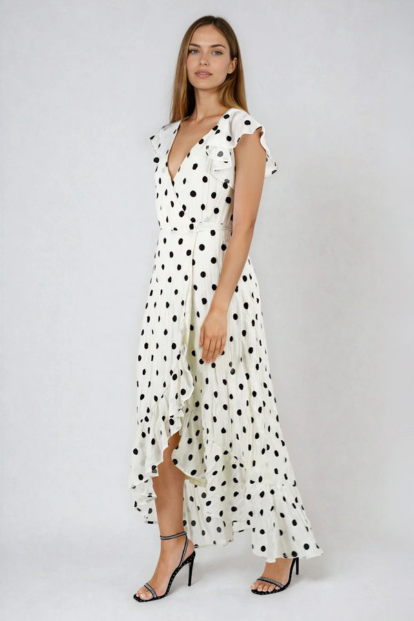 Who's Blushing Now Polka Dot Wrap Maxi Dress - Cream Black