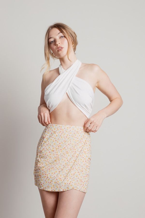 Pure Poetry Cream Coral Floral Faux Wrap Skirt