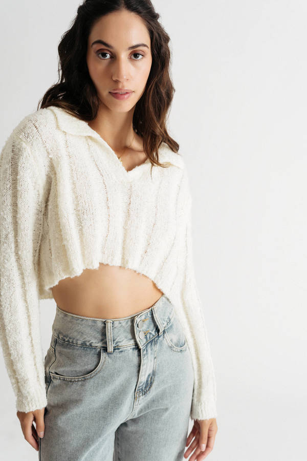 Gimme More Cream Collared Crop Sweater Top