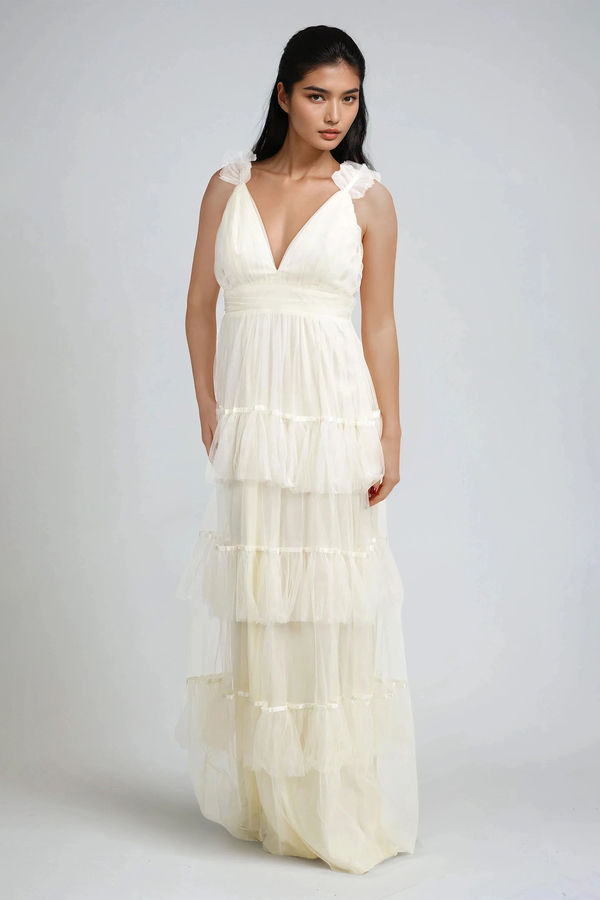 Halo Glow Tiered Tulle Maxi Dress - Cream