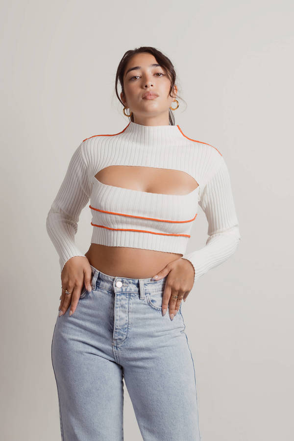 New Life Cream-Red-Orange Ribbed Contrast Stitch Cutout Crop Top