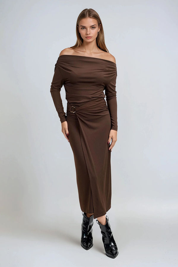 Truffle Luxe Off Shoulder Wrap Midi Dress - Dark Brown