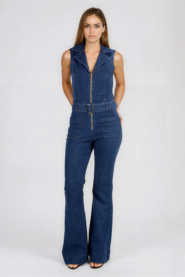 Instant Stunner Belted Denim Jumpsuit - Dark Denim