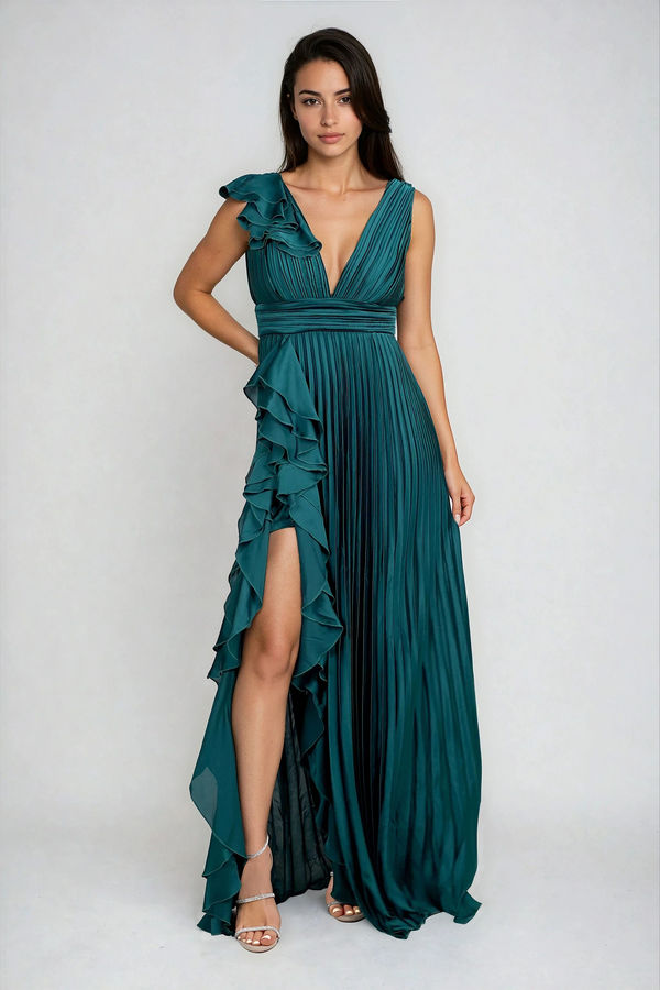 Celestial Glow Deep V Pleated Maxi Dress - Dark Green