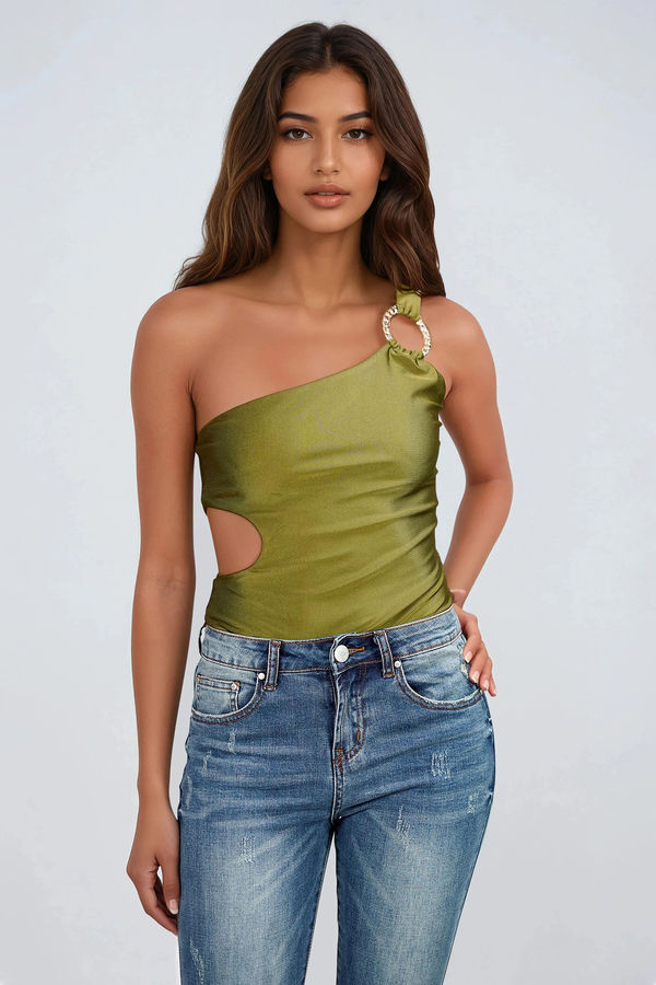 Daring in Silk One Shoulder Bodysuit - Dark Olive