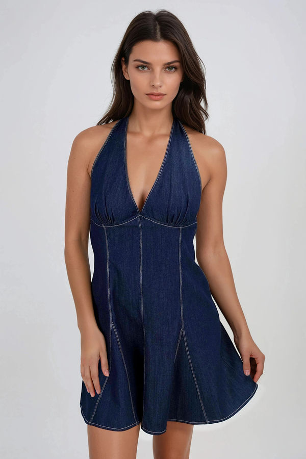After Hours Halter Denim Mini Dress - Dark Wash