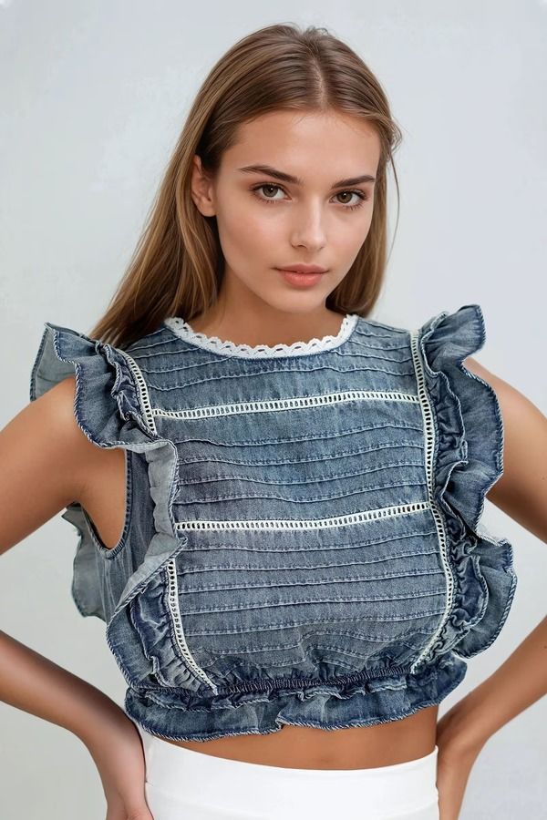 Rustic Charm Ruffle Crop Top - Denim Blue