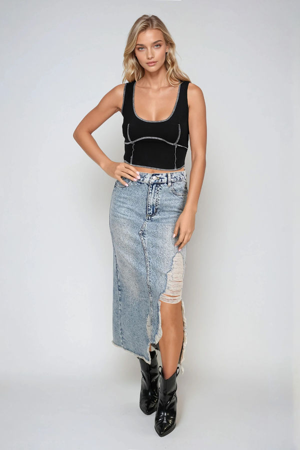 Bold Cut Frayed Midi Skirt - Denim