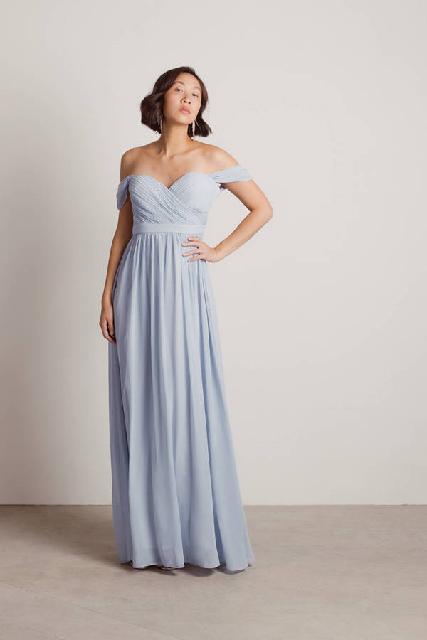 Adrienne Dusty Blue Off Shoulder Maxi Chiffon Bridesmaid Dress