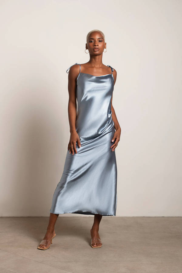 Charm Me Satin Cowl Neck Midi Rehearsal Dinner Dress - Dusty Blue