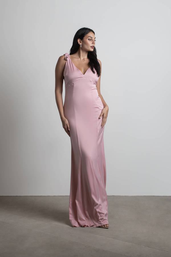Priscella Dusty Rose Tie Strap Satin Maxi Modest Prom Dress