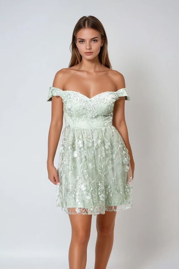 Lace Whisper Floral Off Shoulder Mini Dress - Dusty Sage