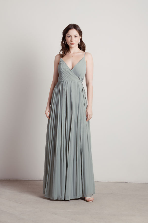 Love Galore Dusty Sage Green Homecoming Pleated Surplice Slit Maxi Dress