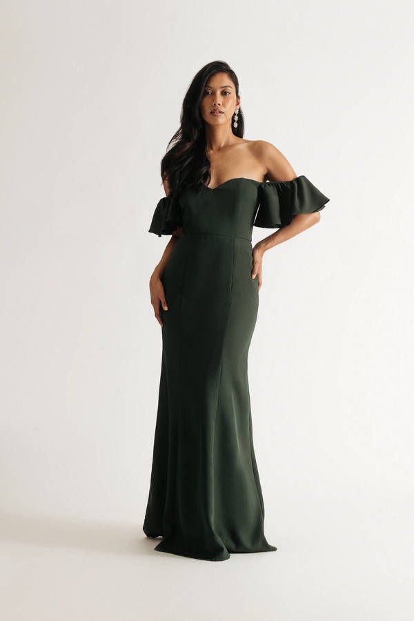 Alara Emerald Ruffle Off Shoulder Sweetheart Maxi Short Sleeve Prom Dress
