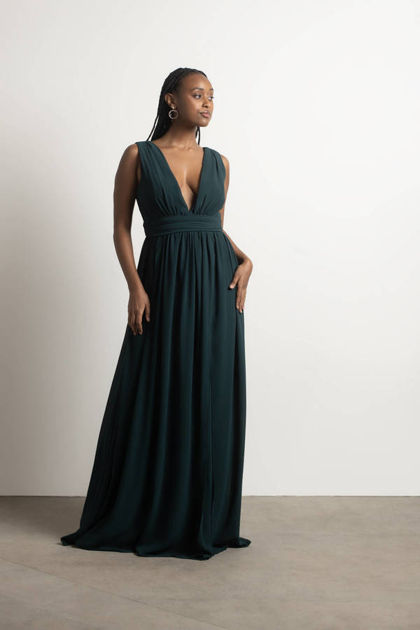 Green Maxi Dress High Slit Maxi Dress Emerald V Neckline Dress